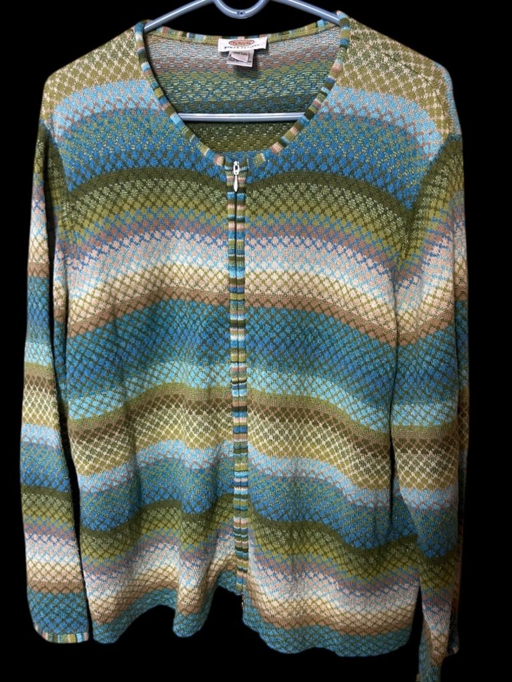 Talbots Woman Petites Teal Green Wavy Stripe Knit Zip Front Cardigan Sweater 3XP